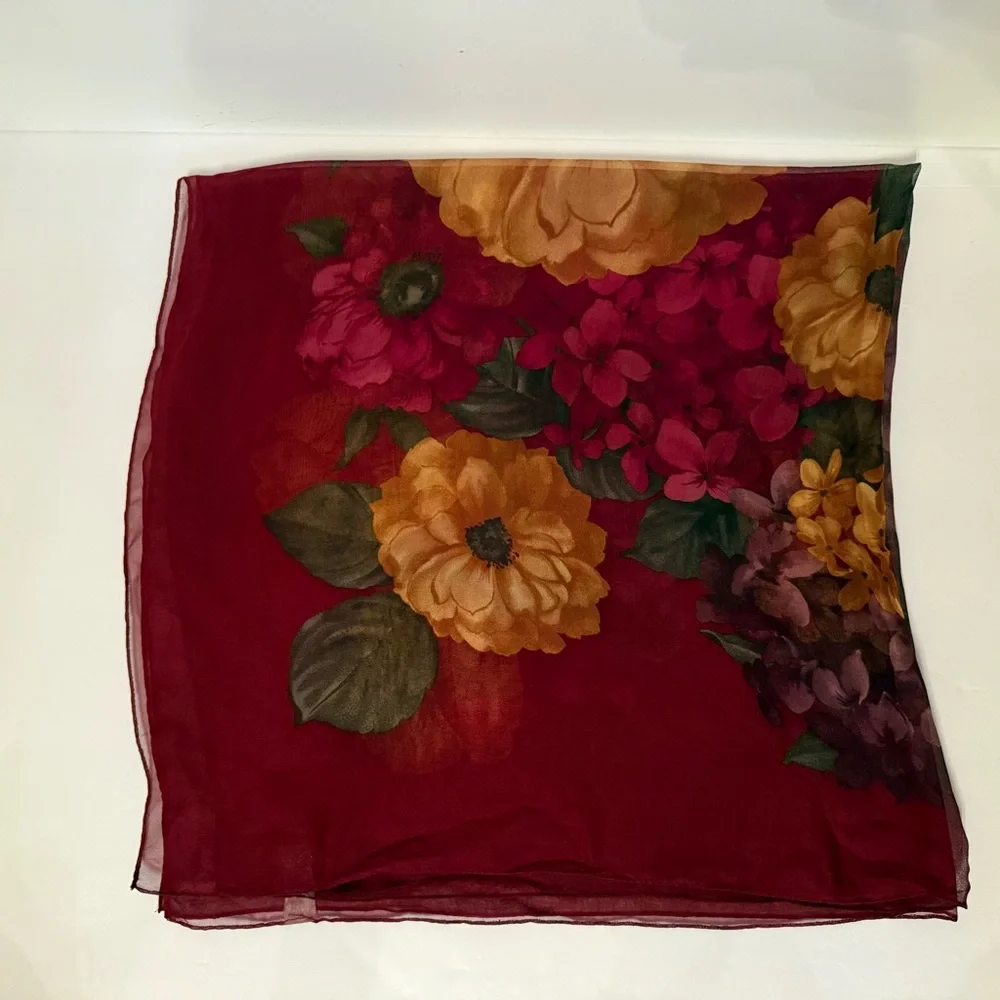 OSCAR DE LA RENTA SCARF SHEER SILK LARGE SQUARE FLORAL DARK RED BROWN GREEN